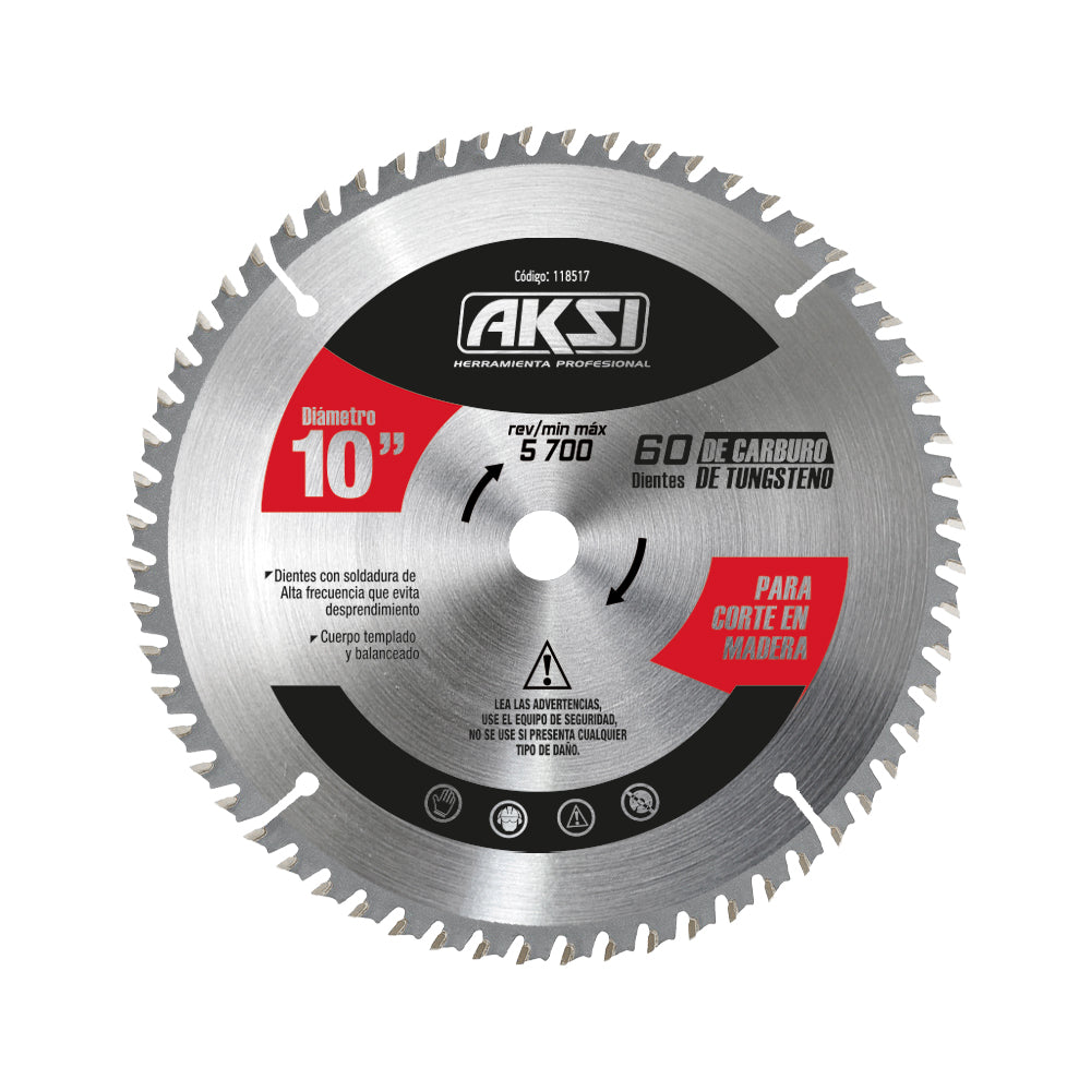Sierra circular para madera 10", 60 dientes, centro 1"
