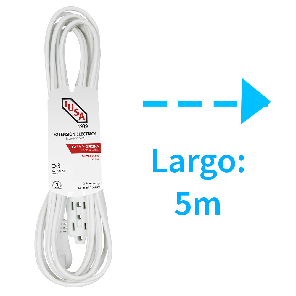 Extensión eléctrica doméstica blanca con clavija plana IUSA 5 m