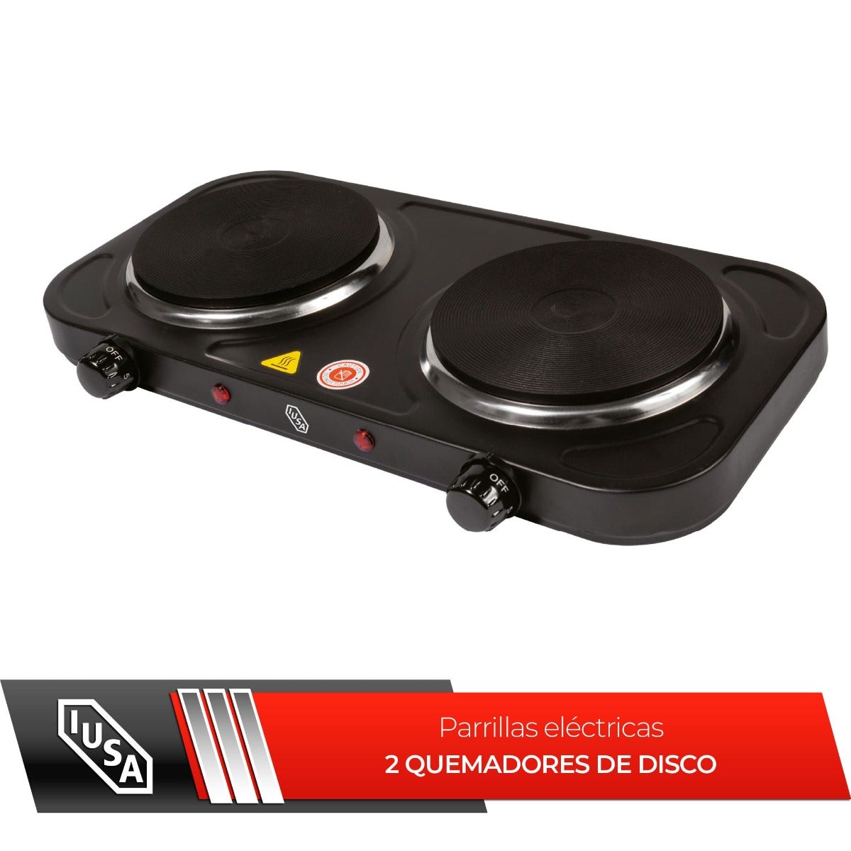 Parrilla eléctrica iusa, 2 quemadores de disco, 2000 w, color negro