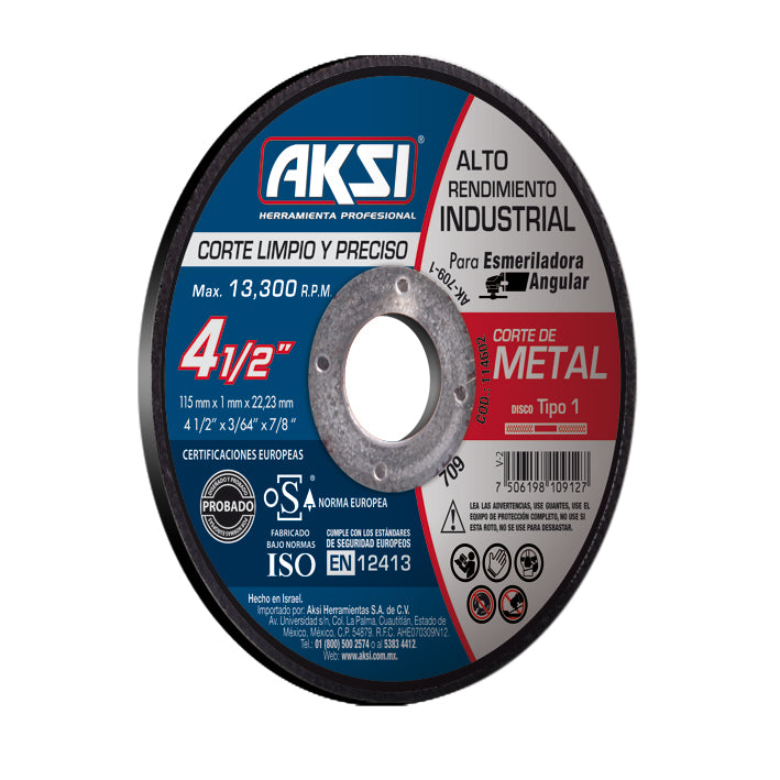 Disco corte de metal 4 1/2" x 1mm, tipo 1 - Alto Rendimiento AKSI