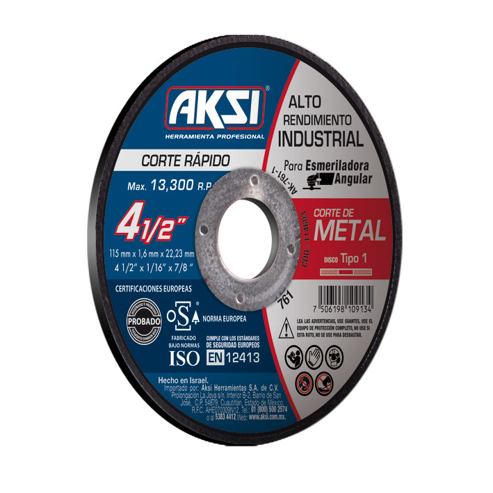 Disco corte de metal 4 1/2" x 1.6mm, tipo 1- Alto Rendimiento AKSI