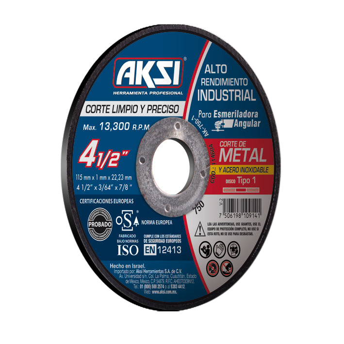 Disco corte de metal y acero inox. 4 1/2" x 1 mm, tipo 1- Alto Rendimiento AKSI