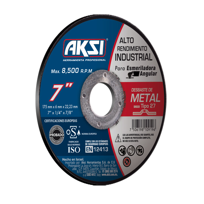 Disco desbaste de metal 7" x 6mm, tipo 27- Alto Rendimiento AKSI