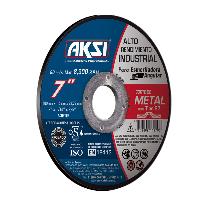 Disco corte de metal 7" x 1.6mm, tipo 27- Alto Rendimiento AKSI