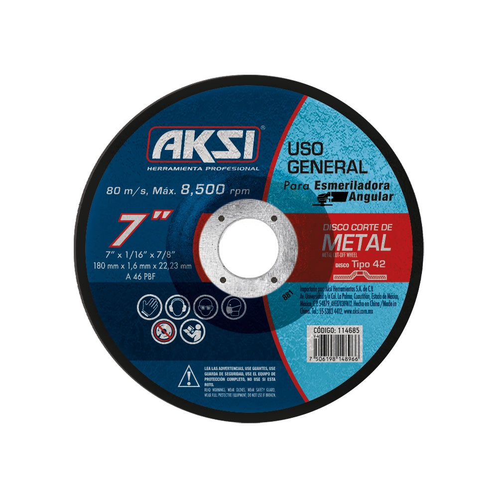 Disco corte de metal 7" x 1.6mm, tipo 27 - Uso General AKSI