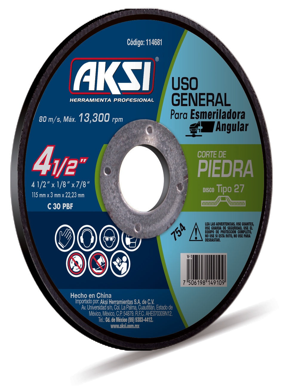 Disco corte de piedra 4 1/2" x 3mm, tipo 27 - Uso General AKSI
