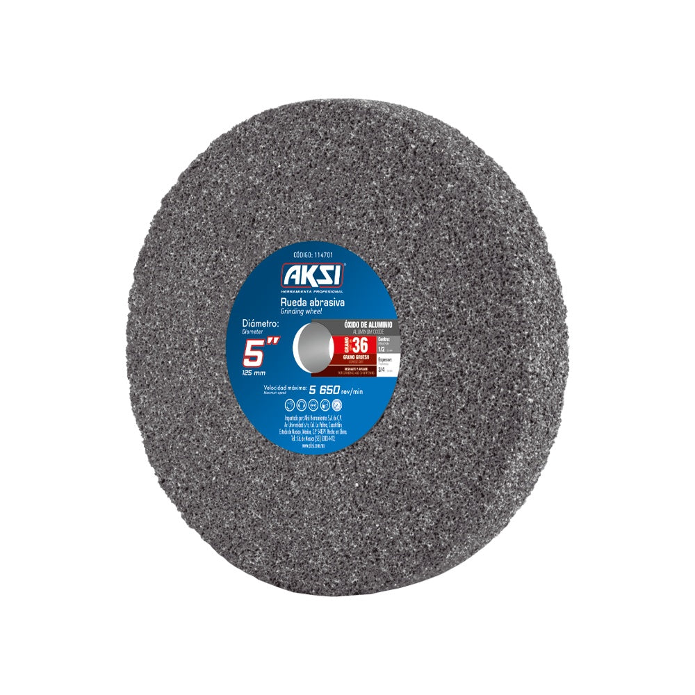 Rueda abrasiva para esmeril, Oxido de Aluminio, 5" x 3/4" x 1/2", Grano 36 AKSI