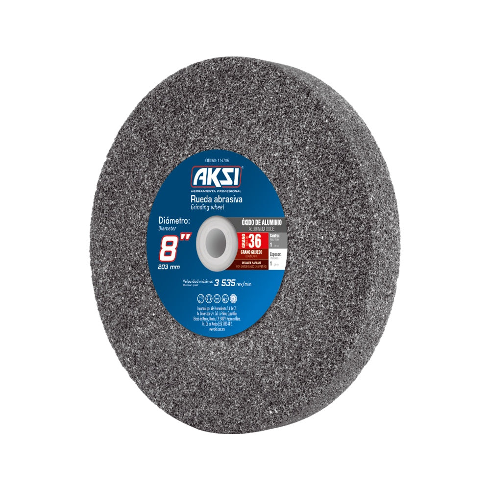 Rueda abrasiva para esmeril, Oxido de Aluminio, 8" x 1" x 1", Grano 36 AKSI