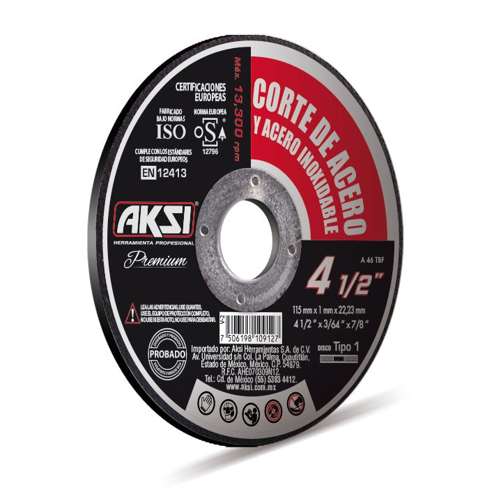 Disco corte de metal Linea Premium 4 1/2" x 1mm, tipo 1 - Alto Rendimiento AKSI