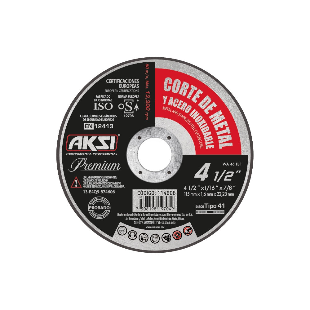 Disco corte de metal Linea Premium 4 1/2" x 1.6mm, tipo 1- Alto Rendimiento AKSI