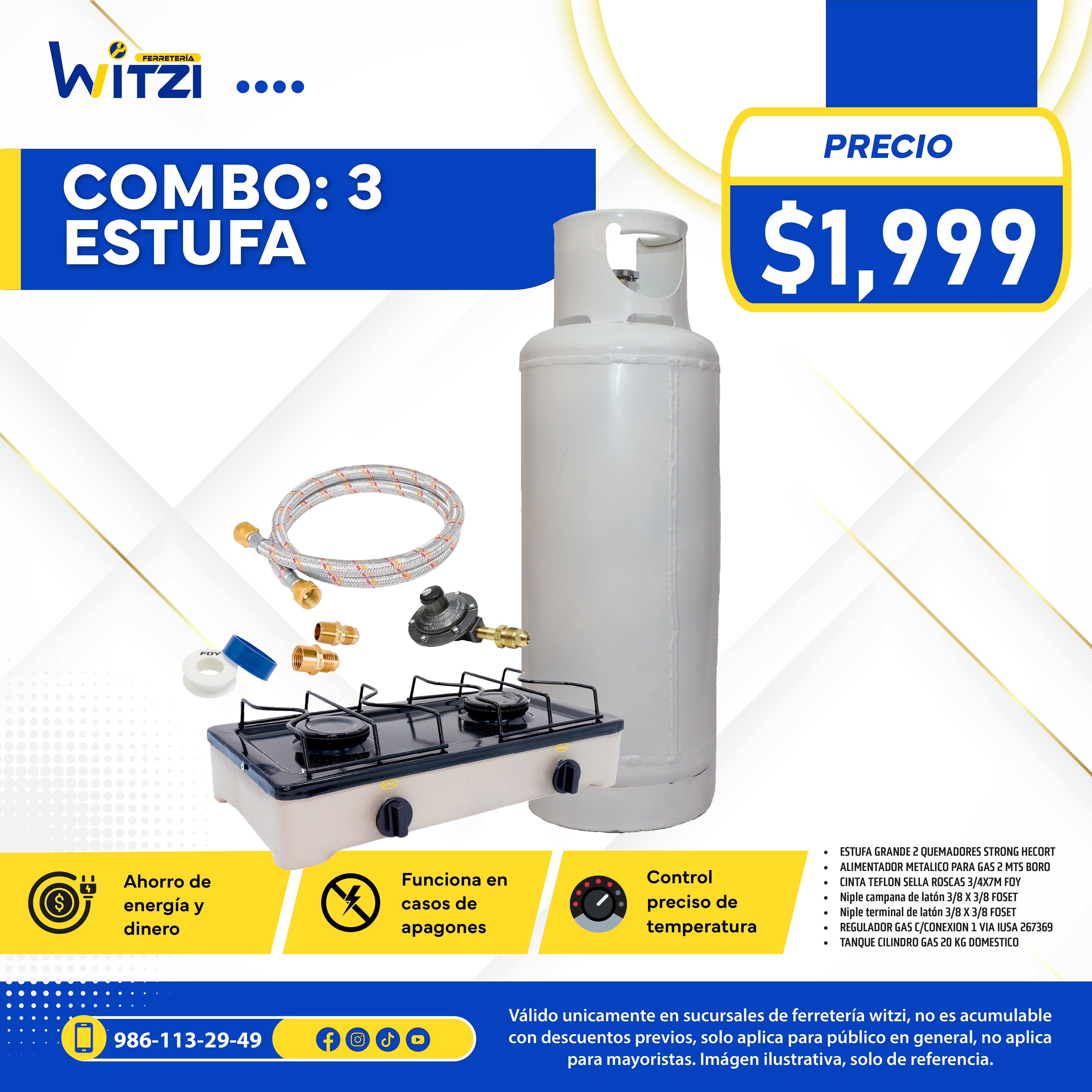 COMBO 3 Estufa de 2 quemadores con tanque de gas de 20kg accesorios.