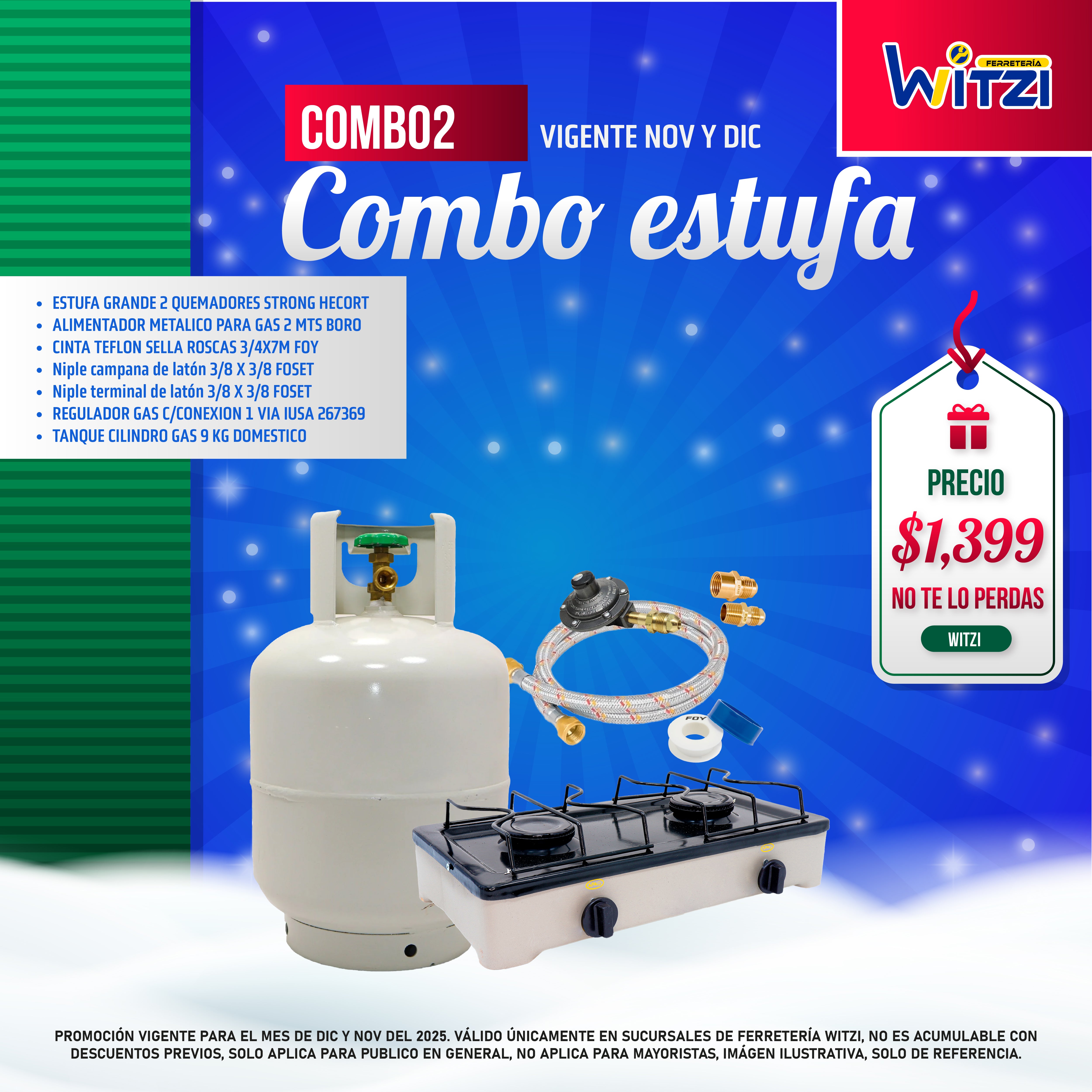COMBO 2 Estufa de 2 quemadores y tanque para gas grande con accesorios.
