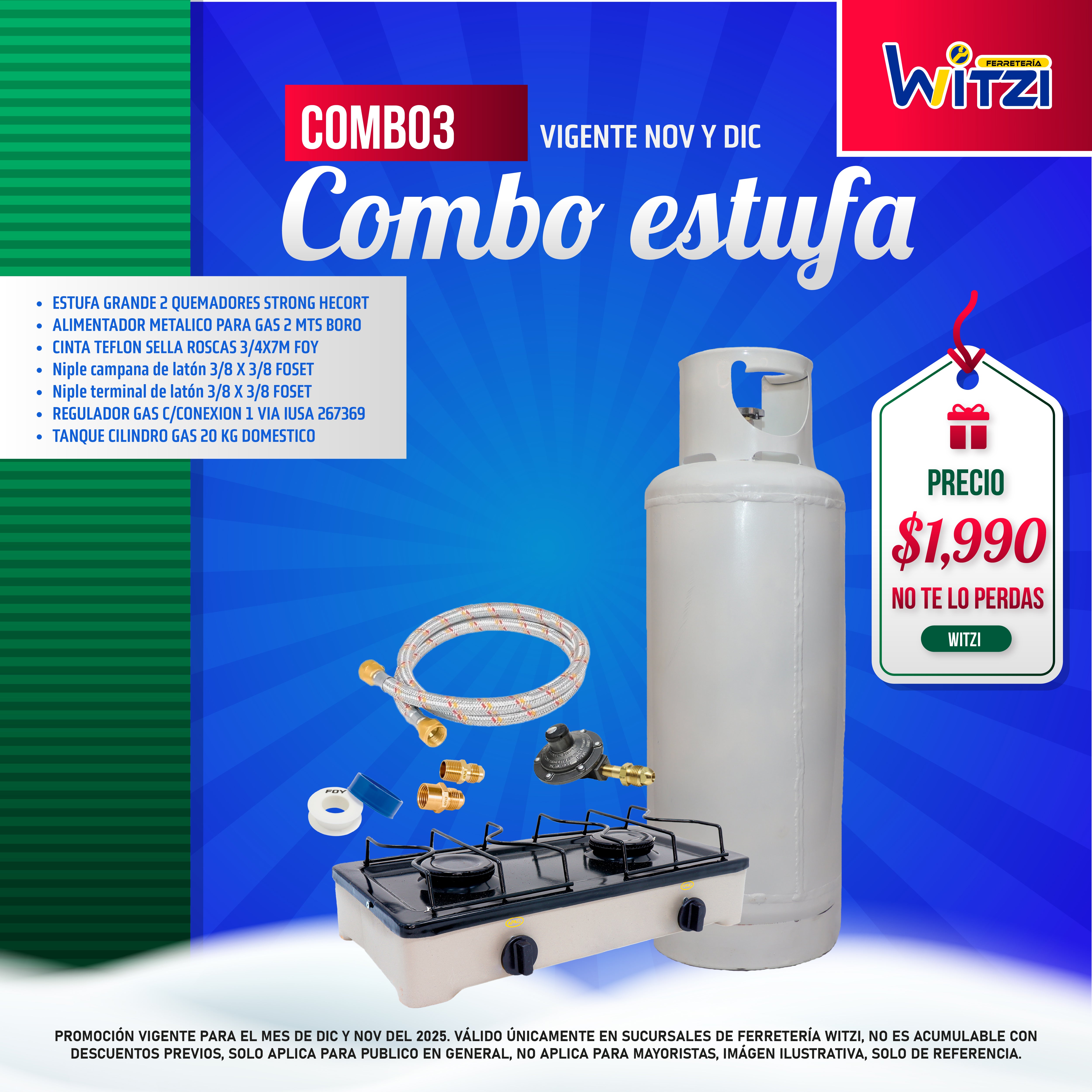 COMBO 3 Estufa de 2 quemadores con tanque de gas de 20kg accesorios.