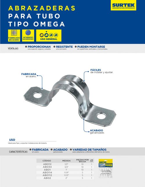 Abrazadera para tubo tipo omega 1-1/2", 5 piezas Surtek - FERRETERÍA WITZI
