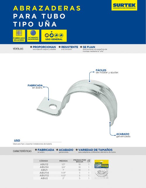 Abrazadera para tubo tipo uña 1-1/4", 5 piezas Surtek - FERRETERÍA WITZI