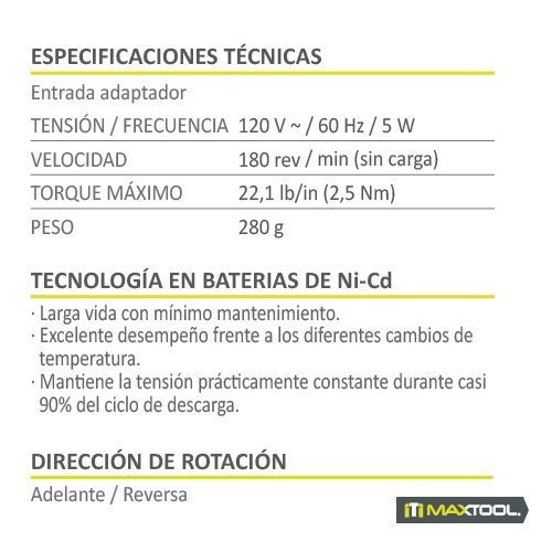 Atornillador inalambrico 4.8V, Maxtool - FERRETERÍA WITZI