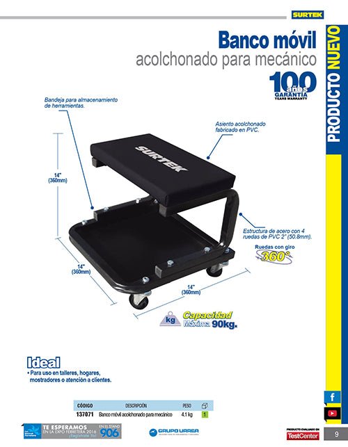 Banco para mecánico móvil acolchonado, 365 mm Surtek - FERRETERÍA WITZI