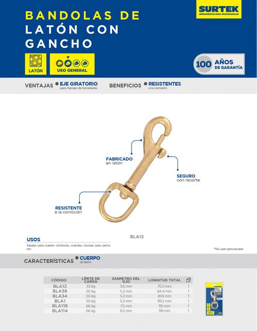 Bandola de latón con gancho Surtek - FERRETERÍA WITZI