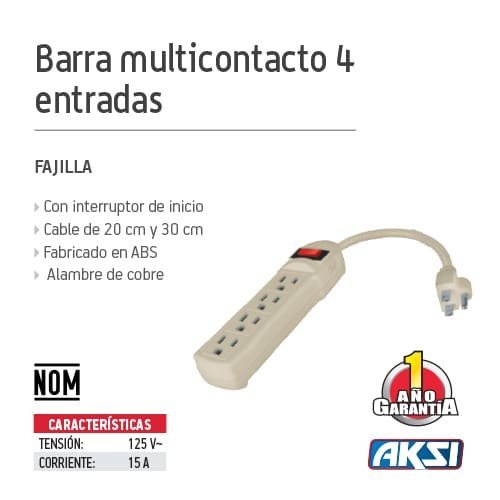 Barra multicontacto 4 entradas cable 14AWG Aksi - FERRETERÍA WITZI