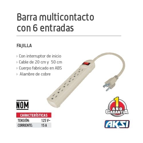 Barra multicontacto 6 entradas cable 16AWG Aksi - FERRETERÍA WITZI