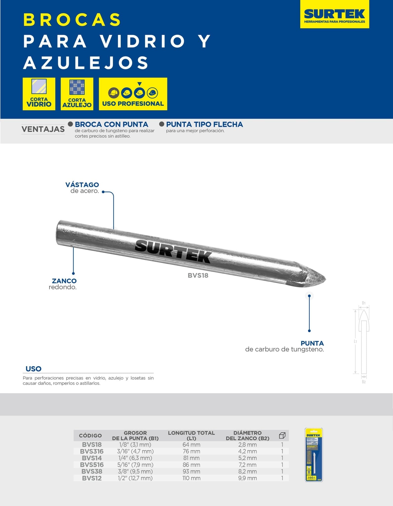 Broca para vidrios y azulejos de acero con cabeza de carburo de tungsteno 5/16" Surtek - FERRETERÍA WITZI