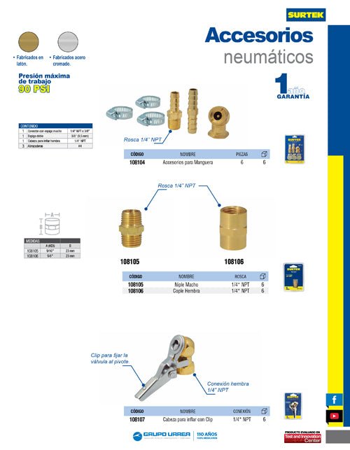 Cabeza para inflar con clip 1/4" hembra Surtek - FERRETERÍA WITZI