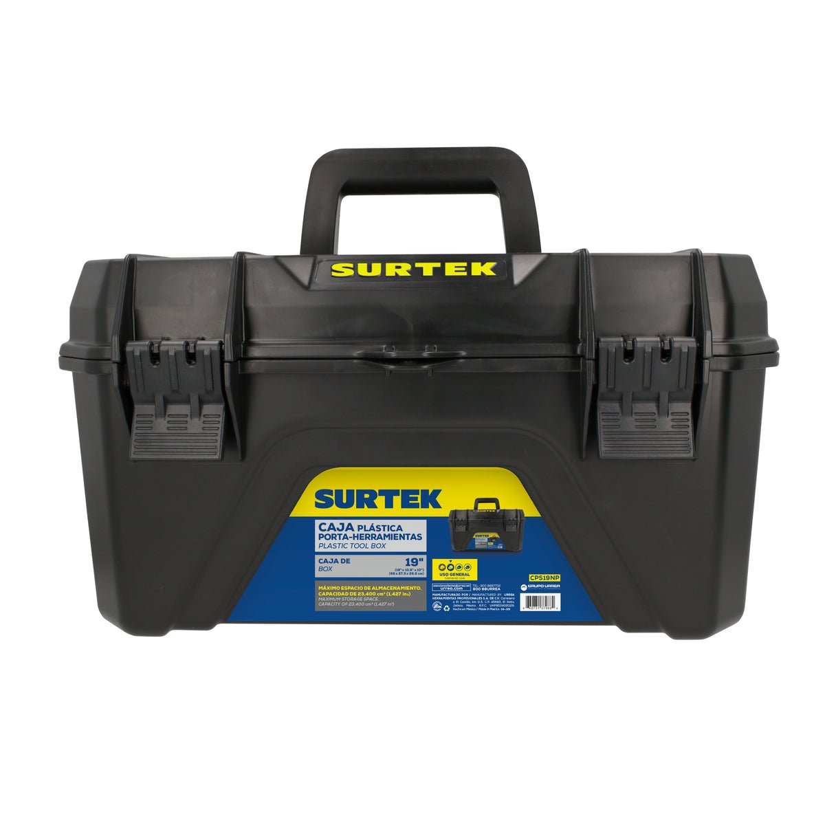 Caja portaherramientas plástica color negro con broches plásticos y charola 19" Surtek - FERRETERÍA WITZI