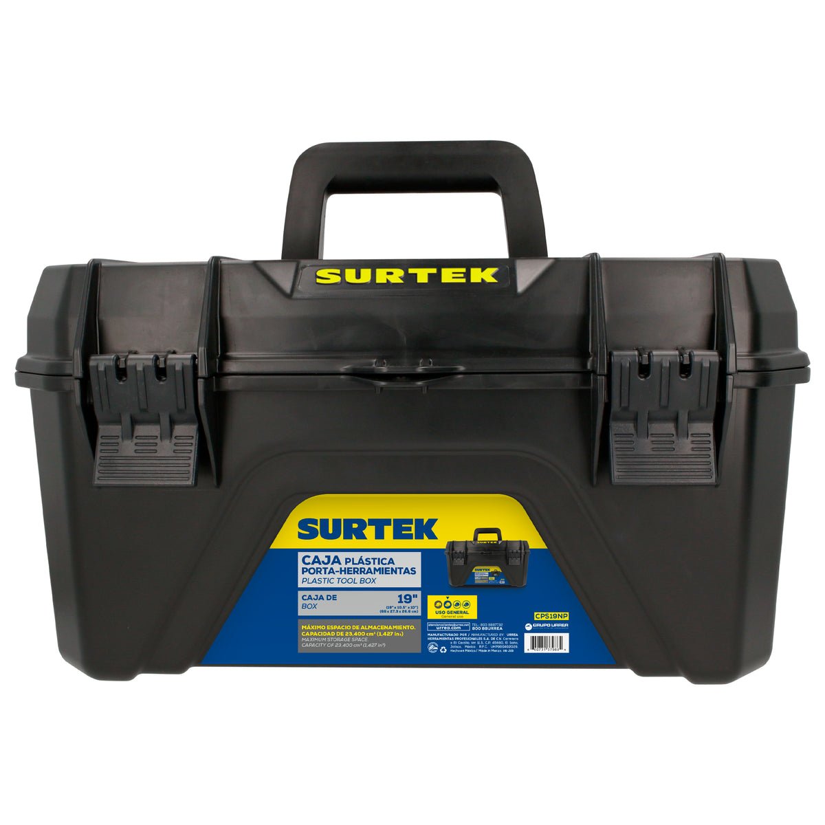 Caja portaherramientas plástica color negro con broches plásticos y charola 19" Surtek - FERRETERÍA WITZI