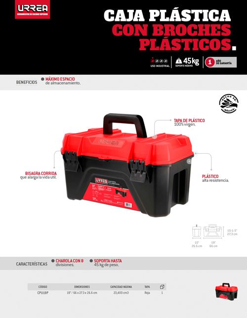 Caja portaherramientas plástica con broches plásticos 19" x 10" Urrea - FERRETERÍA WITZI