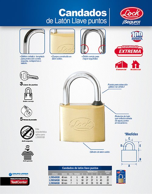 Candado de latón corto 60 mm, llave de puntos Lock - FERRETERÍA WITZI