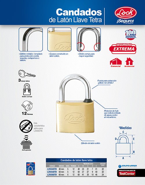 Candado de latón corto 60 mm, llave tetra Lock - FERRETERÍA WITZI