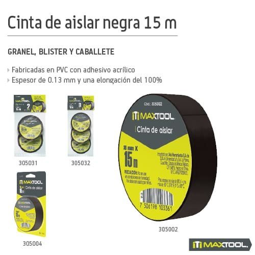 Cinta de aislar, color negro 13mm mt Maxtool - FERRETERÍA WITZI