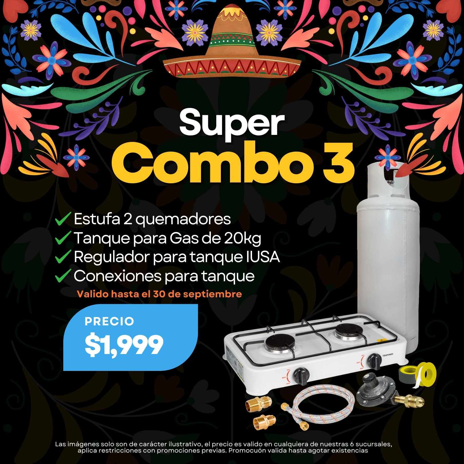 COMBO 3 Estufa de 2 quemadores con tanque de gas de 20kg accesorios. - FERRETERÍA WITZI