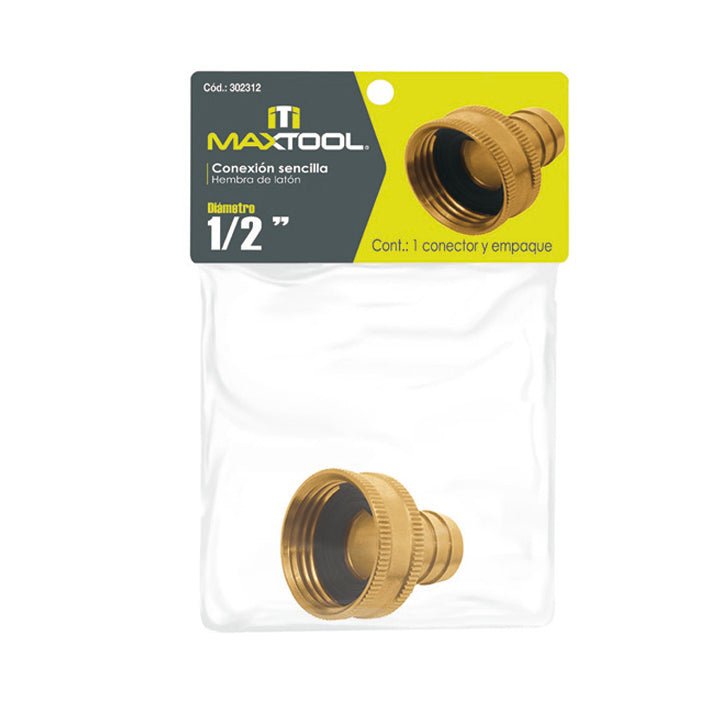 Conexion sencilla de laton hembra de 1/2" en bolsa con caballete Maxtool - FERRETERÍA WITZI