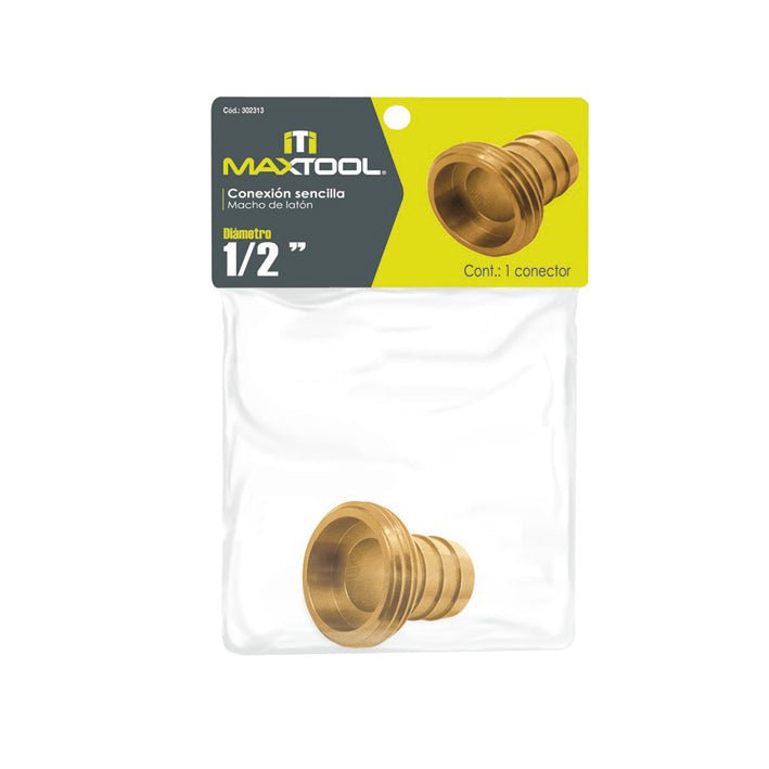Conexion sencilla de laton macho de 1/2" en bolsa con caballete Maxtool - FERRETERÍA WITZI