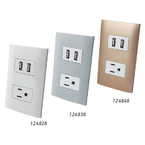 Contacto aterrizado con dos puertos USB con placa plástica Linea ALTIMUS Aksi - FERRETERÍA WITZI