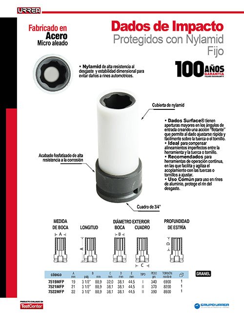 Dado de impacto largo métrico cuadro de 3/4", con protección Nylamid, 22 mm Urrea - FERRETERÍA WITZI