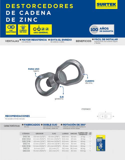 Destorcedor de zinc para cable 1/4" Surtek - FERRETERÍA WITZI