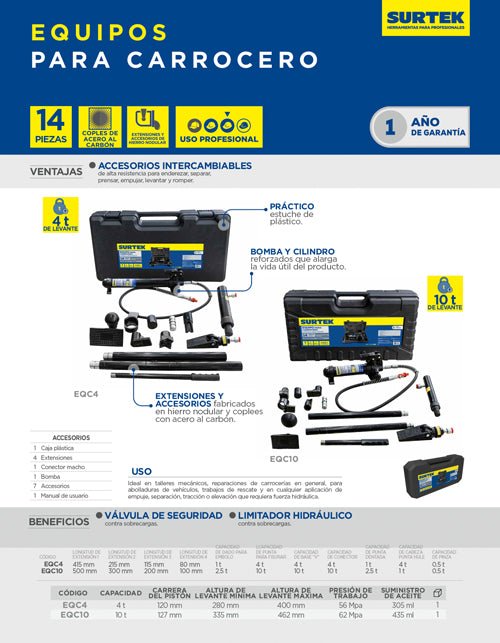 Equipo hidráulico para carrocero 4 toneladas, 14 piezas Surtek - FERRETERÍA WITZI