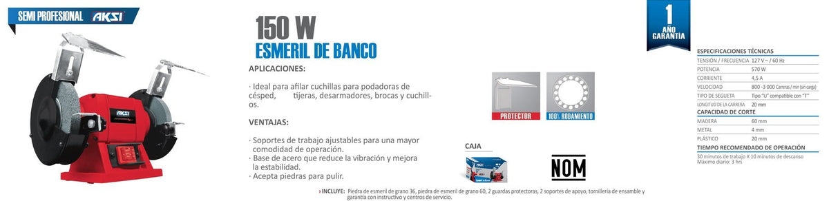 Esmeril de banco 150W de 5", Aksi - FERRETERÍA WITZI