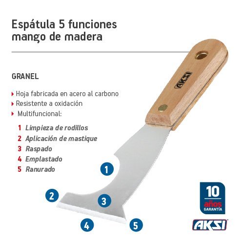 Espátula de 5 funciones, Mango madera, Aksi - FERRETERÍA WITZI