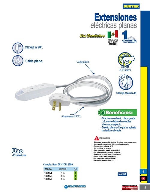 Extensión eléctrica plana aterrizada color amarillo, 1 m Surtek - FERRETERÍA WITZI