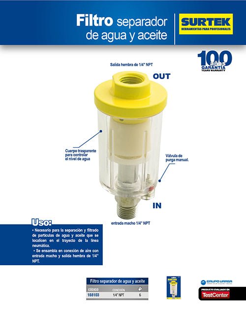 Filtro separador agua y aceite 1/4" NPT Surtek - FERRETERÍA WITZI