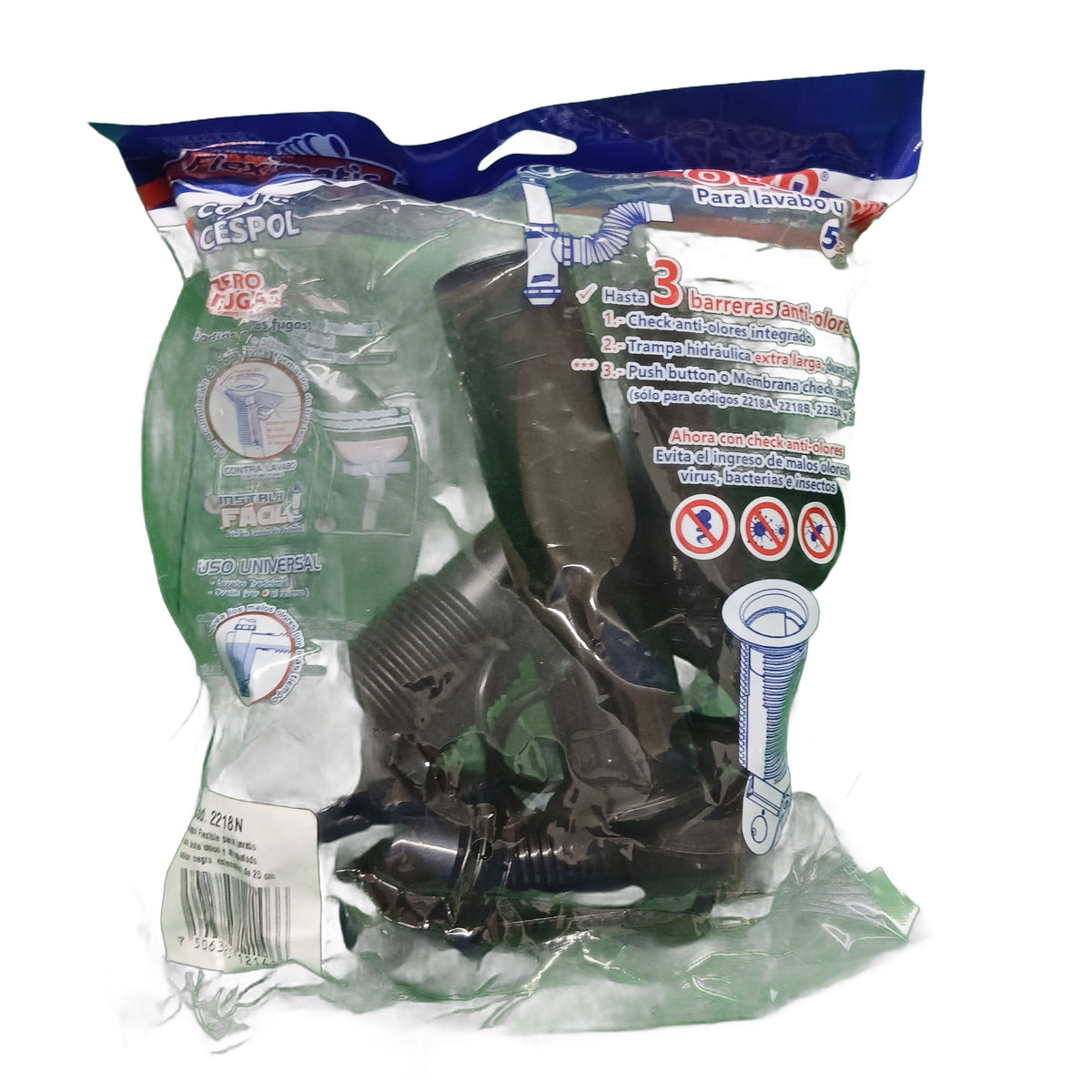 Céspol para lavabo u ovalín, bote chico, extensión de 25 cm, color negro FLEXIMATIC 2218N — modelo 2218N
