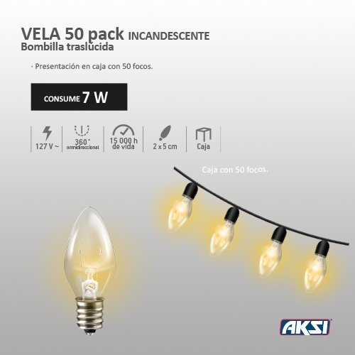 Foco Incandescente Vela Color, Traslúcido, Luz Cálida, 7W, 50PACK Aksi - FERRETERÍA WITZI