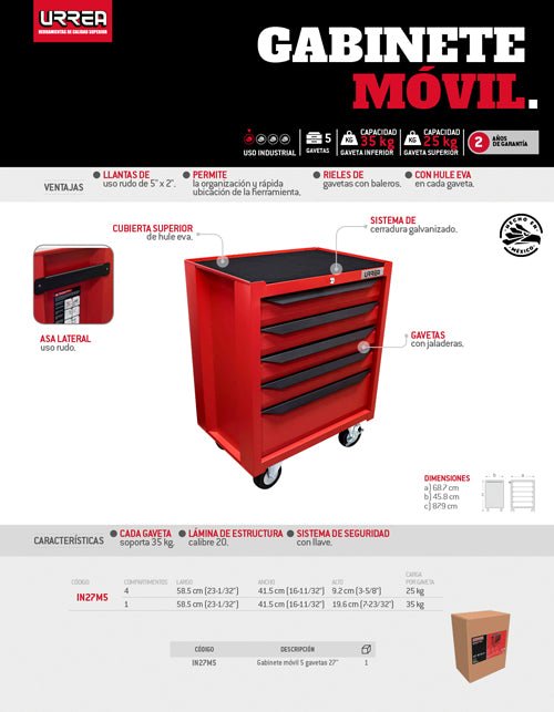 Gabinete móvil 5 gavetas 27" manija color negro seria IN Urrea - FERRETERÍA WITZI