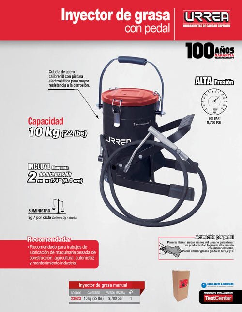 Inyector de grasa con cubeta de alta presión con pedal de 10 kg, 8,700 PSI Urrea - FERRETERÍA WITZI