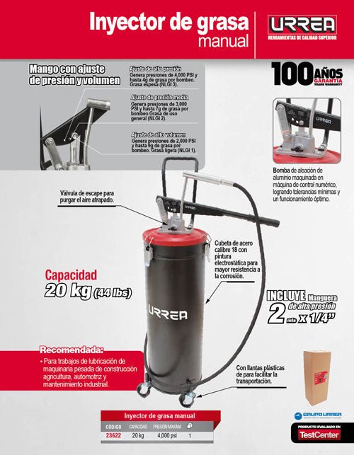 Inyector de grasa con cubeta de palanca con ruedas de 20 kg, 4,000 PSI Urrea - FERRETERÍA WITZI