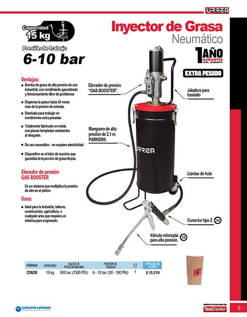 Inyector de grasa con cubeta neumático de 15 kg, 7,500 PSI Urrea - FERRETERÍA WITZI