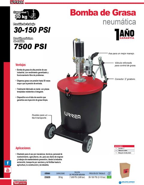 Inyector de grasa con cubeta neumático de 30 kg, 7,500 PSI Urrea - FERRETERÍA WITZI
